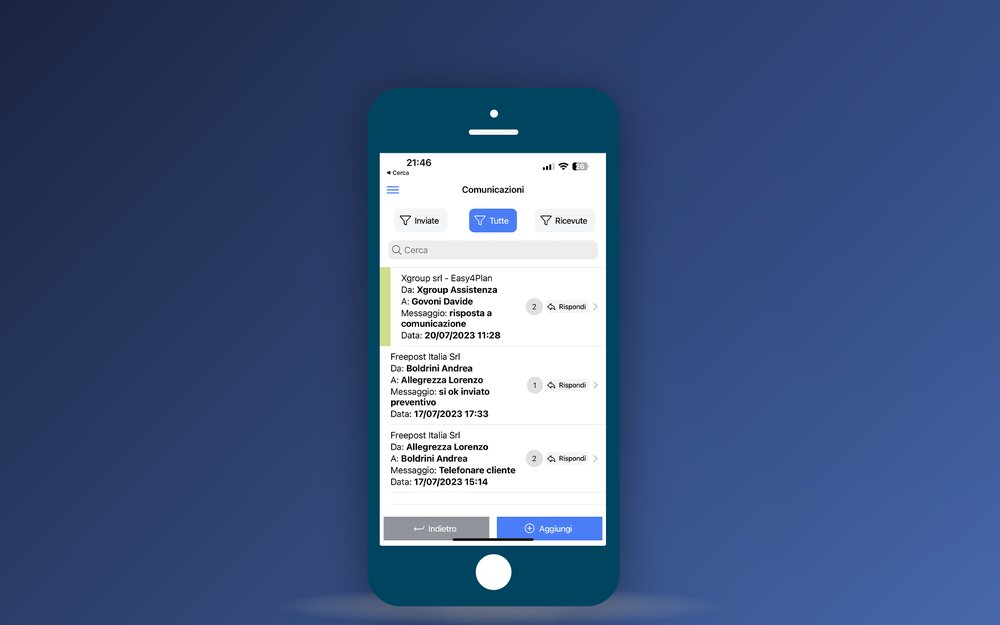 Modulo comunicazioni di Easy4You sull'app per smartphone