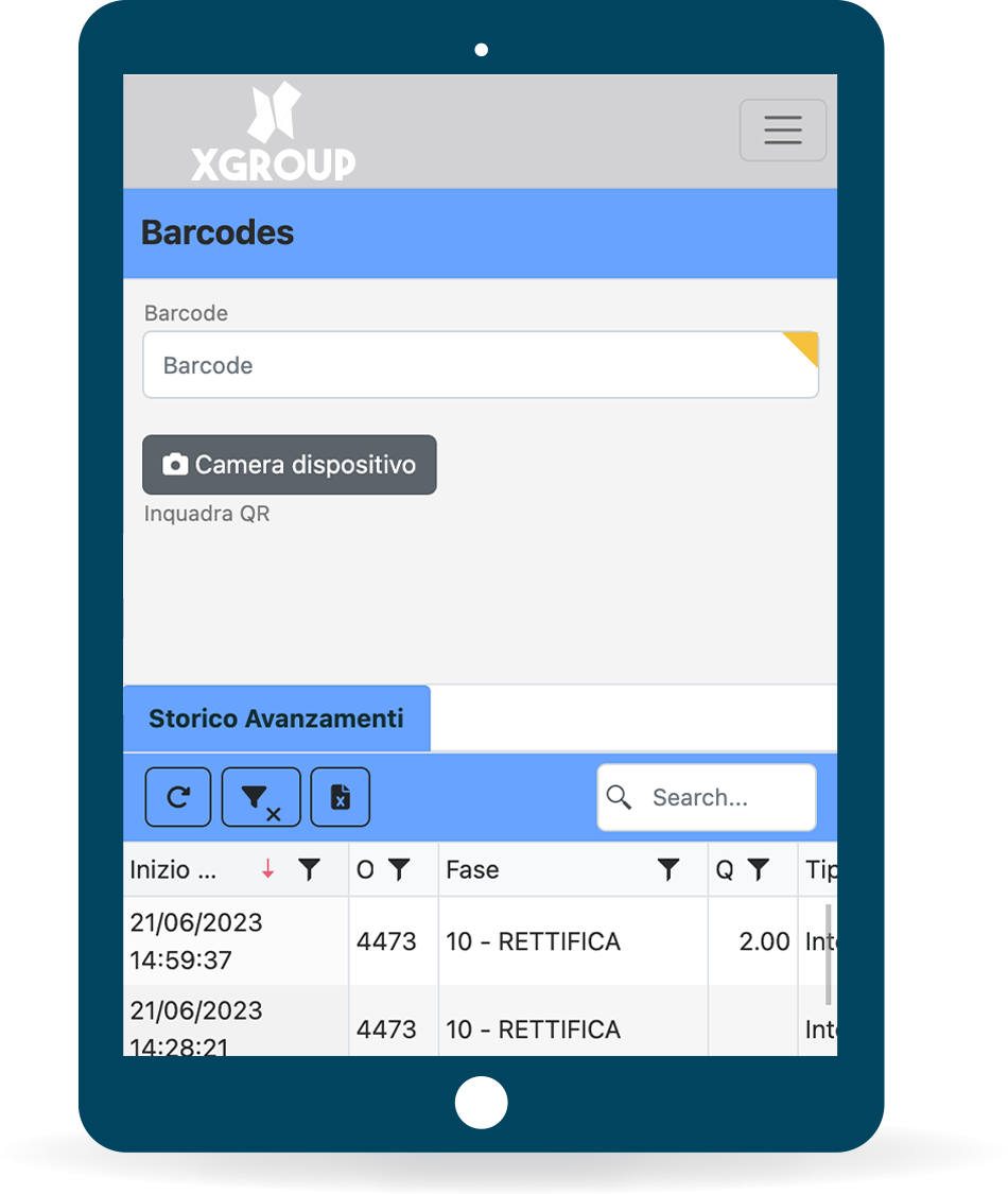 Terminale di reparto Easy4MES con lettura barcode e storico avanzamenti di produzione