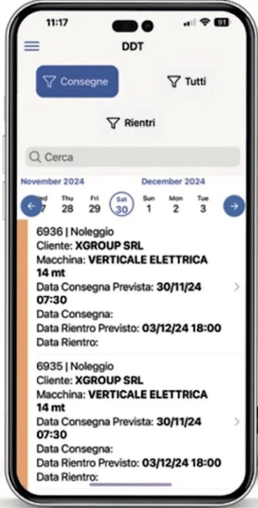 App mobile di Easy4Rent con l'elenco delle consegne e dei rientri del giorno