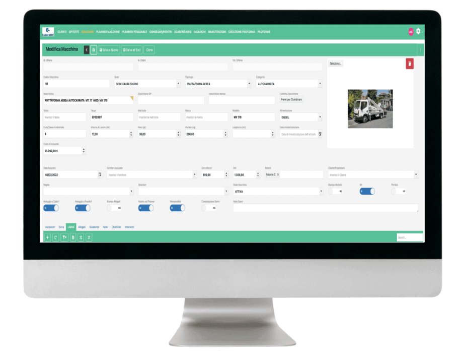 Scheda macchina di Easy4Rent con dati tecnici, costi, scadenze e foto del mezzo
