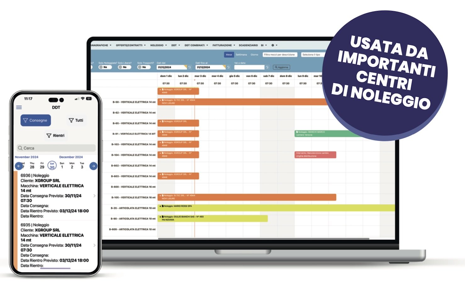 Planner mensile di Easy4Rent con i noleggi in corso per ogni macchina e l'app DDT su smartphone