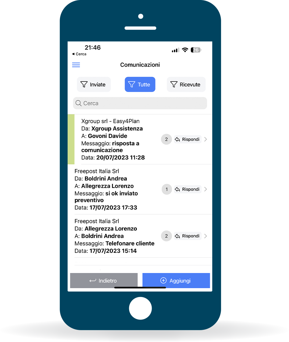 Modulo comunicazioni di Easy4You su smartphone, con messaggi inviati e ricevuti