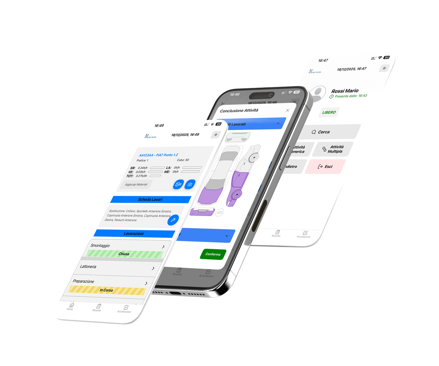 App mobile KeyFlow: scheda lavori, conclusione attività con i pannelli lavorati e stato del personale